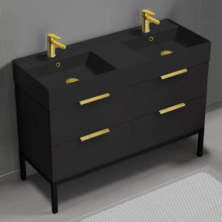 Bathroom Vanity Modern Black Double Bathroom Vanity, 48 Inch, Gold Handles, Free Standing Nameeks DERIN356